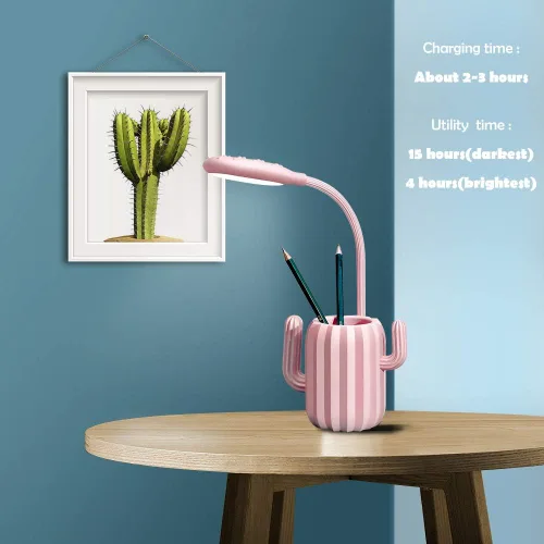 Vista 3 de Luz LED de escritorio de cactus, lámpara de protección ocular regulable + soporte para bolígrafo para lectura de estudio de oficina (rosa)