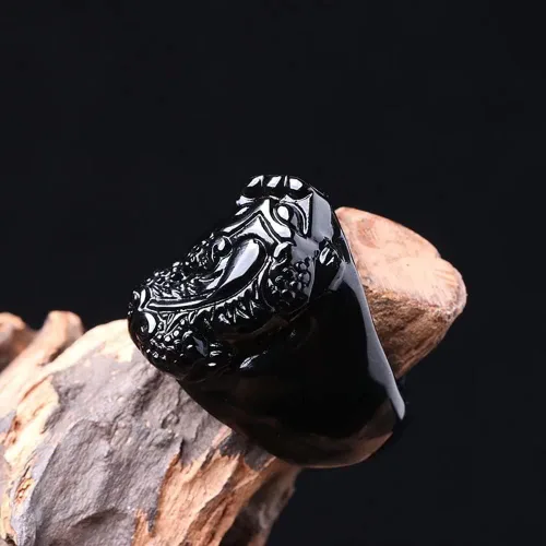 Vista 2 de Renning Feng Shui - Anillos de obsidiana negra para hombres y mujeres anillo de amuleto PiXiu de la suerte talla 9-12