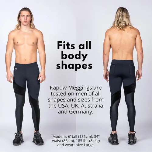 Vista 5 de Kapow Meggings Supreme Range - Leggings deportivos de lujo de compresión para hombre, ropa deportiva de moda para yoga y gimnasio con bolsillos