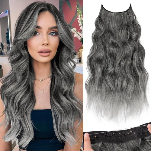 Vista 18 de KooKaStyle - Extensiones de cabello con hilo invisible, diadema transparente, ajustables, 4 clips fijadores, cabello largo y ondulado de 12