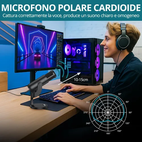 Vista 2 de Micrófono de condensador USB para computadora, micrófono de PC Plug & Play con ganancia de micrófono eco, control de volumen y botón de silencio