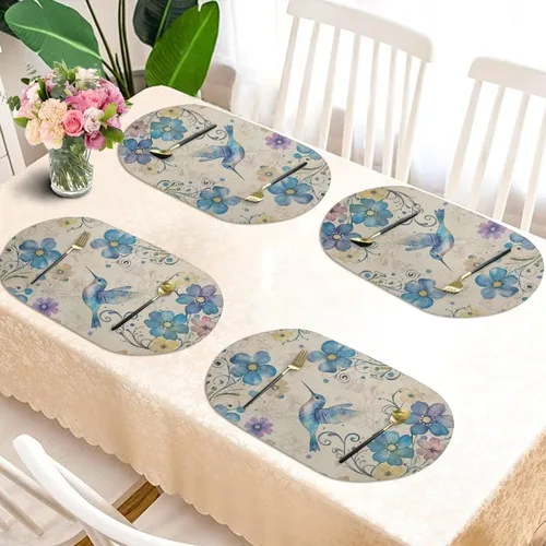 Vista 3 de Blue Flower Dining Table Mats Set of 2 Hummingbird Heat Resistant Placemats Washable and Wipeable Non Slip Place Mat, Waterproof Modern Dining Table