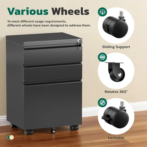 Vista 6 de Greenvelly Archivador móvil de 3 cajones con cerradura, archivador de metal sobre ruedas, archivador debajo del escritorio para organizador de Negro