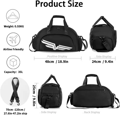 Vista 2 de FIORETTO 30L Sports Gym Duffle Bag with Wet Pocket & Shoe Compartment, Water Repellent Weekender Hospital Overnight Bag for Women, Sports Holdall