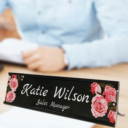Vista 4 de Placa de identificación personalizada de 2 x 8 pulgadas para escritorio, placa de identificación de escritorio de aluminio personalizada