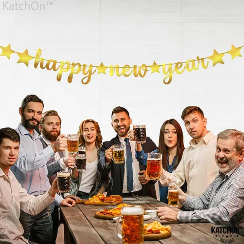 Vista 6 de KatchOn, Pancarta de Feliz Año Nuevo de Oro Brillante - 3.05 metros, Pre - Enhebrado Telón de Fondo de Feliz Año Nuevo para Decoraciones de Año