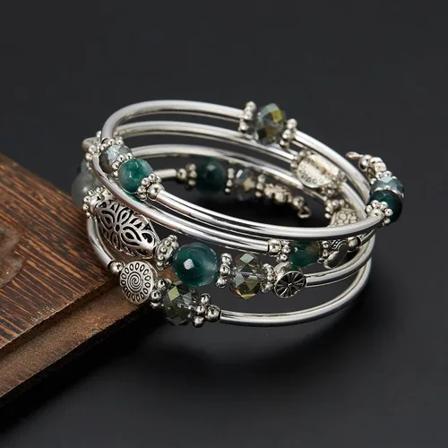 Vista 4 de Pulseras apilables con cuentas para mujer, pulsera de plata bohemia envuelta en capas, regalos de joyería de moda para ella, Ágata