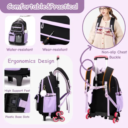 Vista 7 de Mochila con ruedas para niñas, mochila con ruedas para escuela primaria, bolsa de libros con ruedas con 6 ruedas, 3 ruedas negras y azules-6
