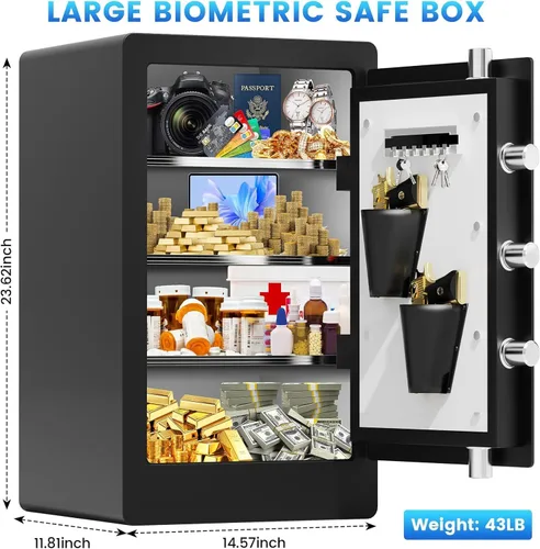 Vista 2 de Caja de seguridad biométrica grande de 23.62 pulgadas de alto con bolsa de documentos ignífuga, caja de seguridad de acero resistente con bloqueo