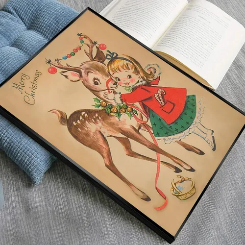 Vista 4 de Huabsad Arte de pared vintage de Navidad, regalos retro para niños, niñas lindas abrazando ciervos, impresiones estéticas de imágenes rústicas
