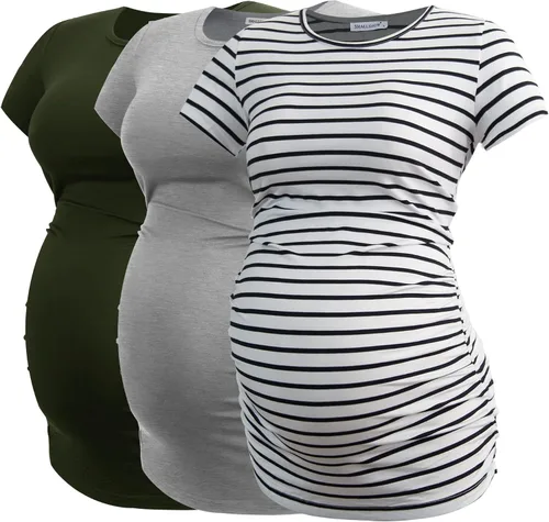 Vista 18 de Smallshow - Camiseta de maternidad para mujer, lados fruncidos, tipo túnica, prendas para el embarazo Verde militar-negro-gris profundo