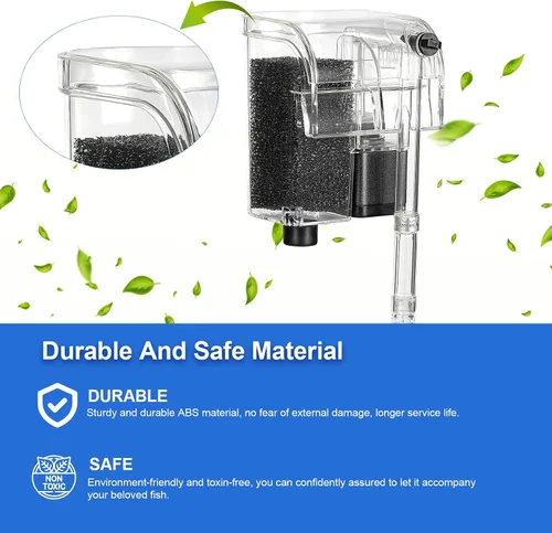 Vista 6 de DaToo Filtro de acuario para colgar en cascada, filtro de pecera, silencioso, 66 GPH 3 W, filtros ajustables para pecera con espuma biológica