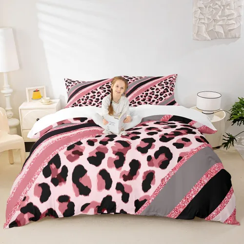 Vista 17 de Juego de funda de edredón para niños con estampado de leopardo, tamaño individual, juego de ropa de cama de moda de piel de guepardo abstracto