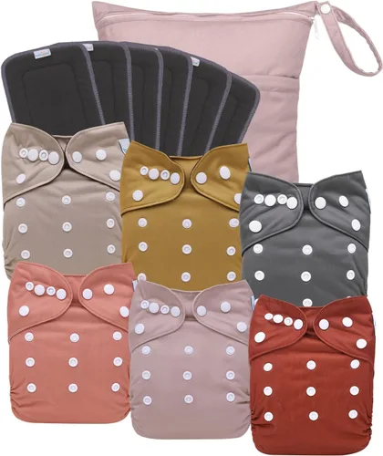 Vista 12 de babygoal AWJ Pañales de tela con panel abdominal, paquete de 13, 6 fundas de pañal con 6 insertos y bolsa seca para humedad, ajustables, lavables