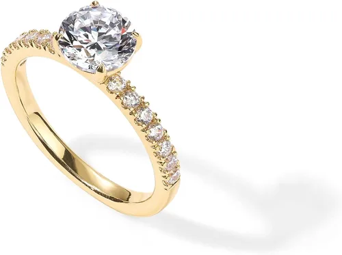 Vista 3 de PAVOI 14K Gold Plated Round Cut Solitare Cubic Zirconia Engagement Ring for Women Fake Wedding Ring for Women Fake Engagement Ring Promise Ring
