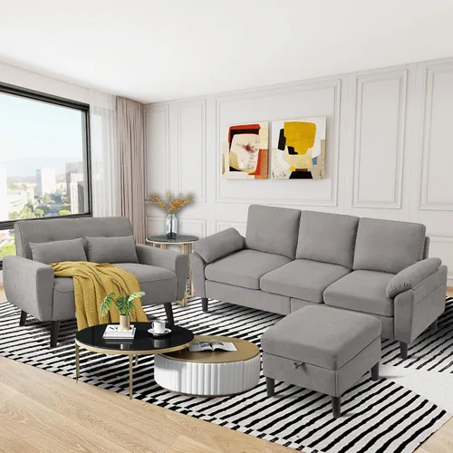 Vista 10 de Juego de sofá modular convertible de 79 pulgadas, moderno sofá pequeño en forma de L de lino con otomana reversible y sofá biplaza, sofás de 3 Beige