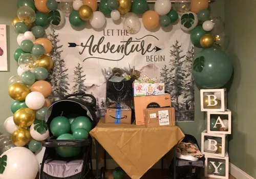 Vista 3 de Decoración de baby shower de bosque de 7 x 5 pies, telón de fondo de aventura espera telón de fondo Let The Adventure Begin Banner F73