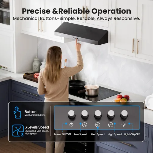Vista 4 de VIKIO HOME Campana Extractora Bajo Gabinete de 36 Pulgadas, 580 CFM Ventilación de Cocina de Motor Dual con Luces LED, Control de Botones, Campana