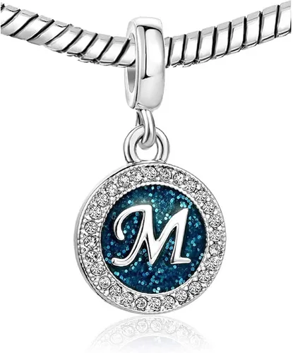 Vista 2 de KunBead Dijes azules con inicial de letras para pulseras, dije de cuentas de amor del alfabeto, dije para mujeres y niñas, collar colgante colgante