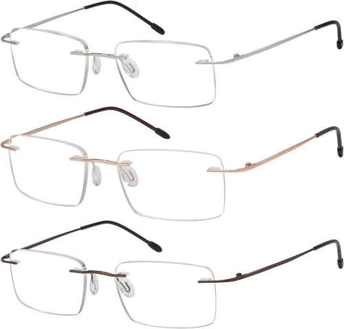 Vista 14 de Eyekepper Paquete de 3 lentes de lectura de metal sin montura para hombres, lectores rectangulares sin marco (negro/azul/plomizo)+0.00