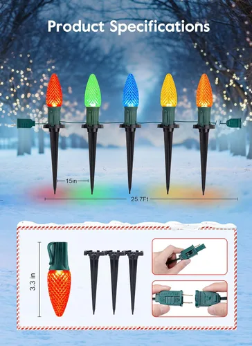 Vista 4 de Brightown Luces de Navidad C9 C9 para exteriores, 25.7 pies, fresa, C9, luces de camino de Navidad con 20 bombillas LED y estacas, decoraciones