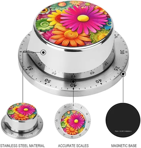 Vista 3 de Cartoon Style Flowers Mechanical Kitchen Timer for Cooking 60 Min with Magnetic Backing Loud Alarm,Stainless Steel Wind Up Countdown Timer Cute Egg
