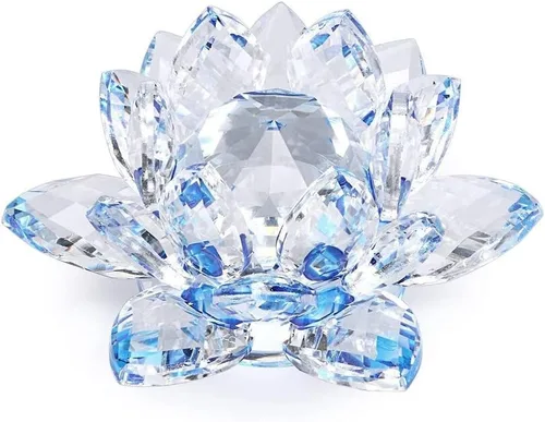 Vista 14 de Loto de cristal transparente, flor de cristal brillante con caja de regalo, reflejo de tono, purpurina, paz, pureza, buena fortuna, sabiduría