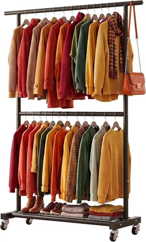 Vista 12 de Sywhitta Perchero de ropa de doble barra, organizador de ropa con ruedas para colgar ropa, fácil de montar, ajustable, negro (paquete de 2)