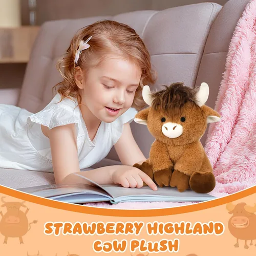 Vista 6 de Highland Cow - Animal de peluche esponjoso de 8 pulgadas con pelo elegante, juguete suave de peluche Kawaii abrazable de vaca para niños, niños