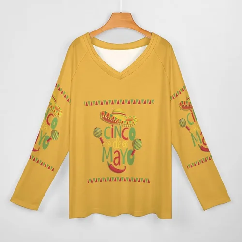 Vista 3 de Cinco De Mayo - Camisetas de manga larga con cuello en V para mujer