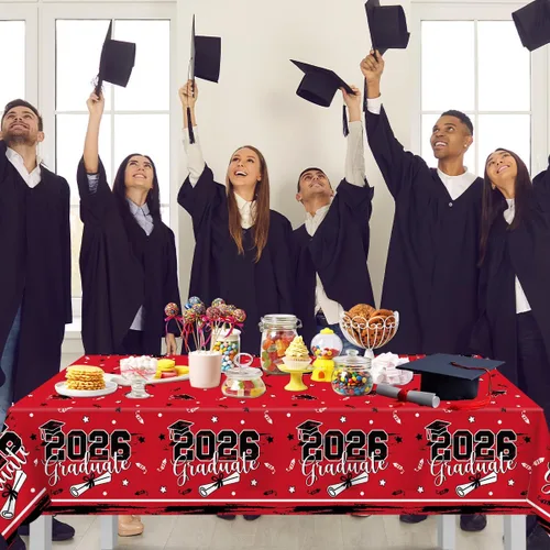 Vista 4 de Decoraciones de fiesta de graduación para clase de 2026, manteles de graduación rojos y negros, 3 manteles de plástico desechables para suministros