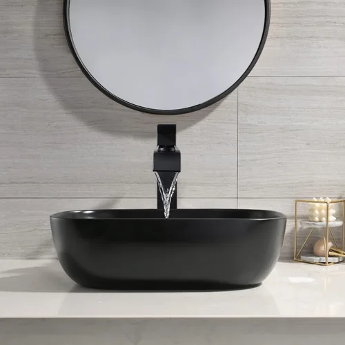 Vista 9 de Fregadero de Recipiente Negro Rectangular, 45,7x33 cm Encimera de Cerámica de Porcelana para Baño con Combo de Grifo y Drenaje