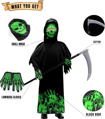 Vista 3 de Woochic Disfraz de la parca para niños, disfraces de Halloween aterradores con guadaña, disfraz que brilla en la oscuridad para niños y niñas