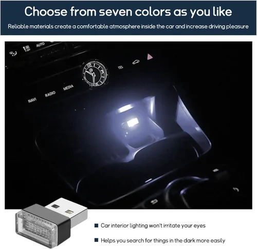 Vista 4 de Dickno 7 PCS Lámpara de Ambiente Interior de Coche LED USB, Mini Luz Nocturna LED Portátil, Kit de Iluminación Ambiental de Maletero con Interfaz