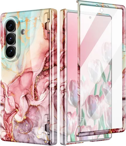 Vista 29 de Btscase Funda para Samsung Galaxy Z Fold 5, protector de pantalla frontal integrado, patrón de mármol dorado con purpurina de policarbonato duro