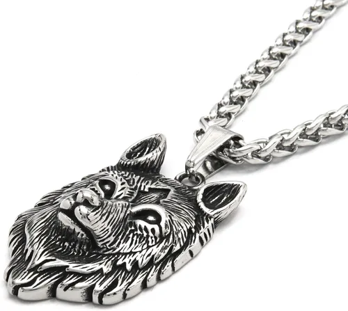 Vista 2 de BAVIPOWER Viking Fenrir - Collar con dije de cabeza de acero inoxidable, potente joyería pagana para hombres y mujeres, protección de amuleto