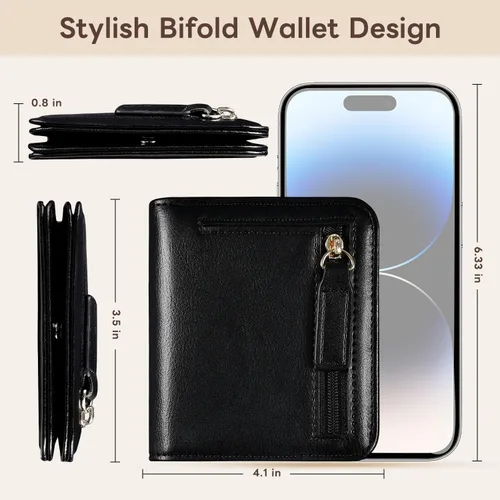 Vista 5 de Cartera pequeña para mujer, con bloqueo RFID, de cuero, plegable, compacta, tarjetero para mujer, con cremallera, bolsillo para monedas, ventana