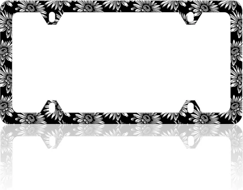Vista 8 de Marco de matrícula con estampado de vaca en blanco y negro Soporte para placa de matrícula de acero inoxidable con tornillos para mujeres