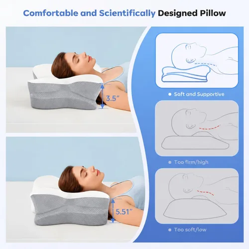 Vista 4 de Práctica almohada cervical para aliviar el dolor de cuello, espuma viscoelástica con doble nivel ergonómico, funda transpirable