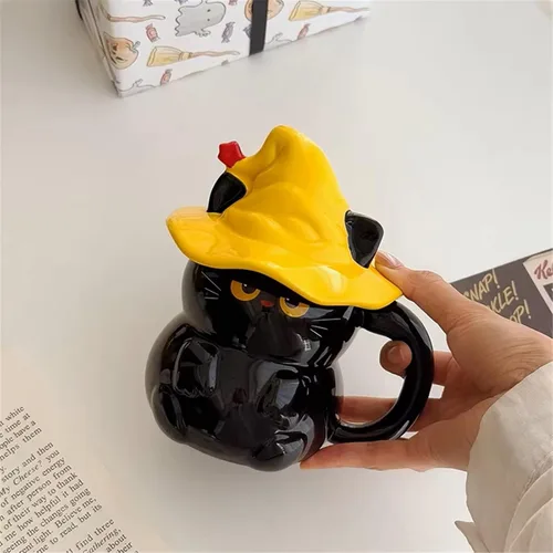 Vista 6 de Taza de café de cerámica, diseño de gato negro, hecho a mano, con sombrero de mago, tapa, asa, oficina, hogar, chocolate caliente con leche, regalos