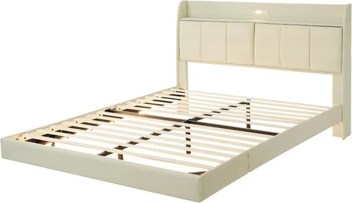 Vista 6 de Base de cama flotante de tamaño Queen, con luces LED de ambiente y carga USB, base de cama LED moderna tapizada de poliuretano con plataforma LED