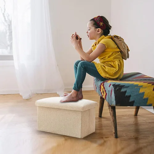 Vista 3 de FS-LN01, organizador para almacenamiento de ropa, con revestimiento, plegable, tipo Ottoman, cubo con escalón para descansar los pies, para living