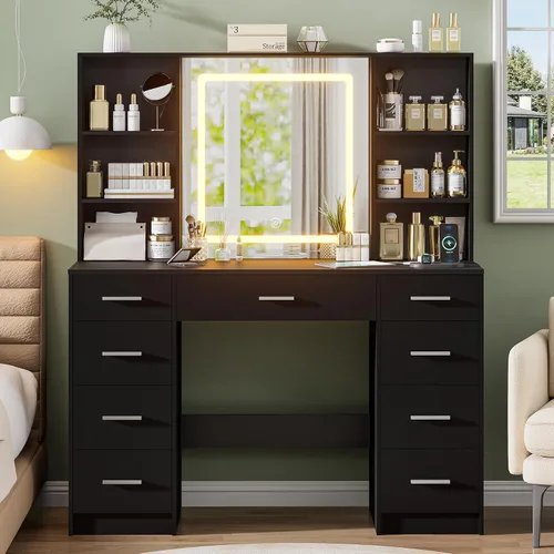 Vista 8 de Escritorio negro con espejo y luces, tocador de maquillaje con 9 cajones, 6 estantes y toma de corriente, espejo de pantalla táctil, tocador