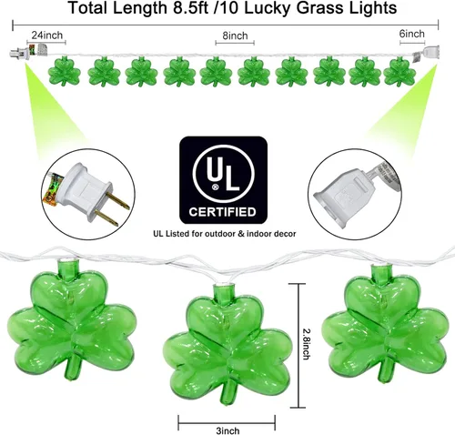 Vista 8 de Guirnalda de luces de trébol, 8.5 pies, decoración del día de San Patricio con 10 luces de trébol, luces de hadas de trébol conectables