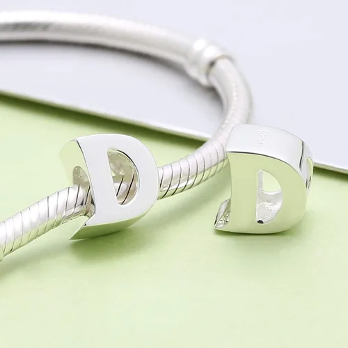 Vista 3 de Abalorio de plata de ley 925 con letra inicial de la A a la Z, se adapta a pulseras Pandora, collar, Plata esterlina