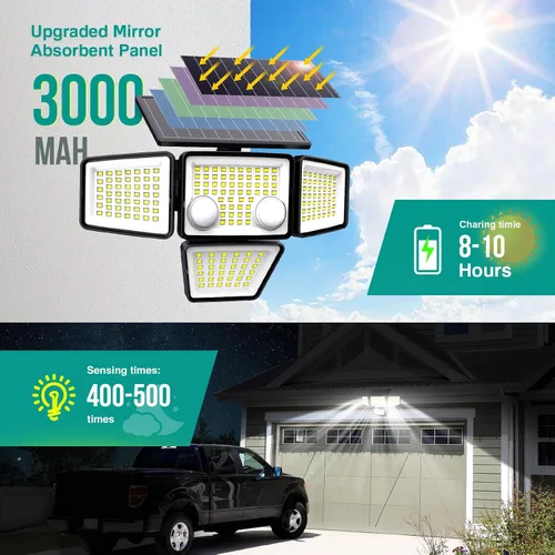 Vista 3 de LYWALT Luces solares para exteriores – 3000 lm, 188 luces LED con sensor de movimiento, 4 cabezales IP65, luces de inundación de seguridad