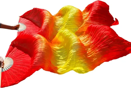 Vista 8 de 1 par (izquierdo + derecho) de abanicos de seda artificial de bambú para danza del vientre, abanicos de tela coloridos para danza, abanicos largos