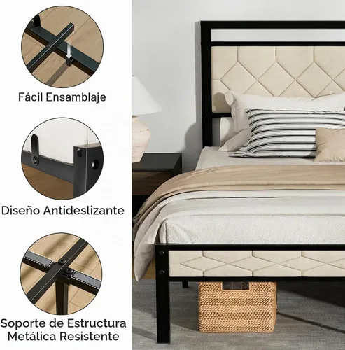 Vista 6 de Z-hom Base de cama matrimonial tapizada de fácil montaje y cabecera Beige