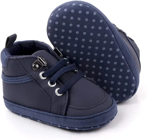 Vista 3 de Sekantrol Zapatos de cuna para recién nacidos, zapatos de bebé para niños y niñas, suela de goma suave, zapatos de moda de caña alta antideslizantes