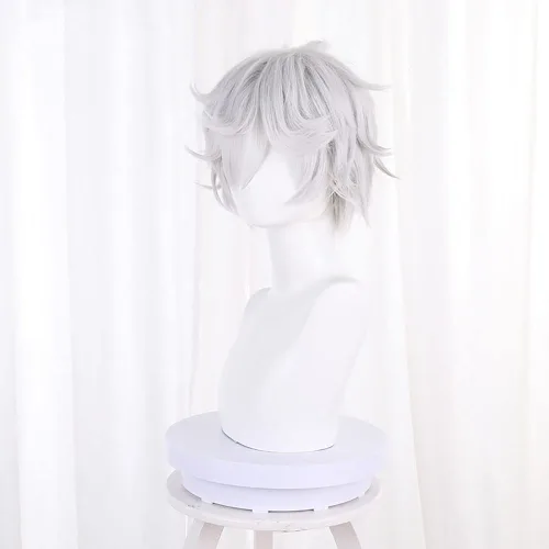 Vista 2 de XiongXiongLe Peluca de anime de Halloween, cosplay, color gris y blanco, esponjoso, rizado, pelo corto, pelucas de repuesto para hombres, disfraces
